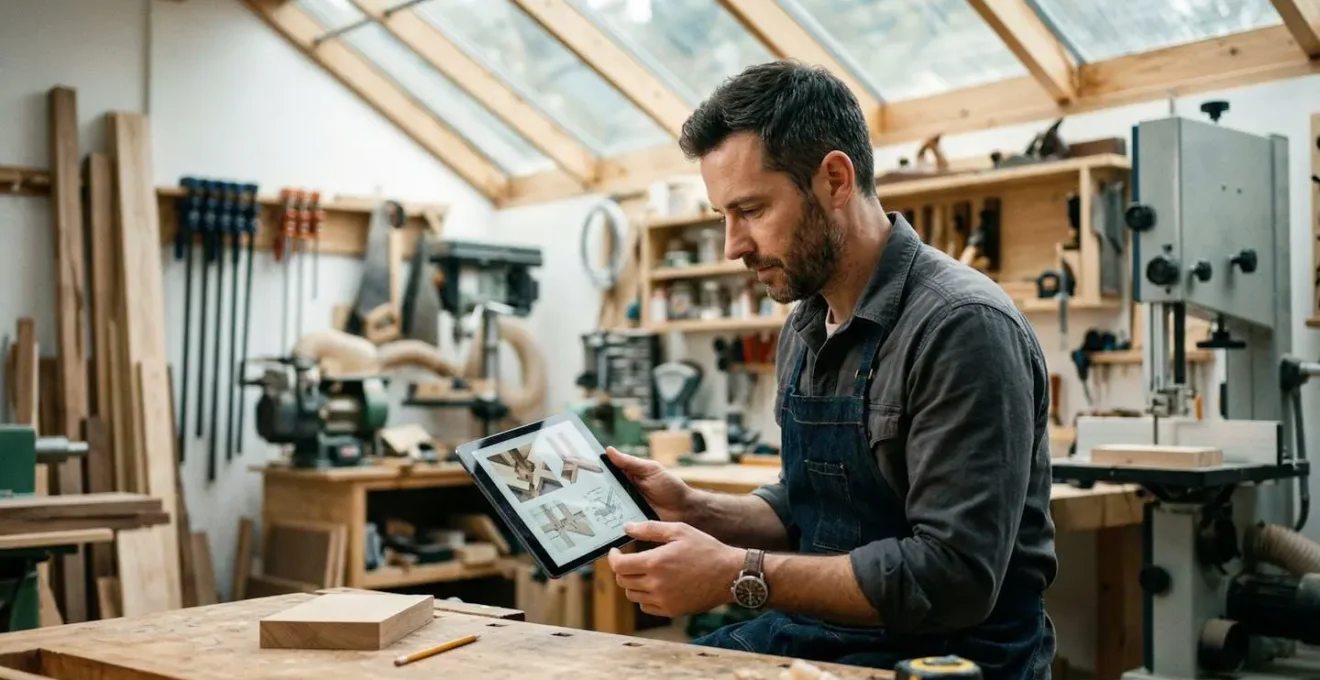 Un artisan de profil consulte une tablette dans son atelier baigné de lumière naturelle, équipements professionnels en arrière-plan flouté