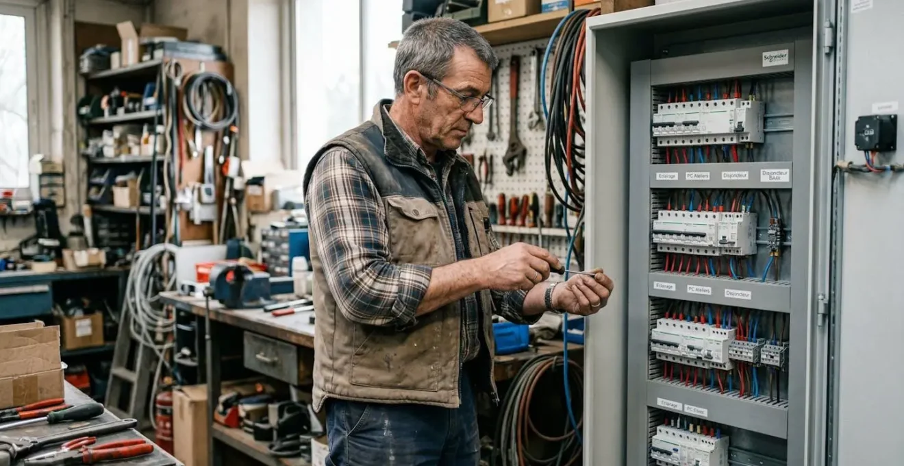 Artisan français consultant son compteur triphasé dans un atelier professionnel