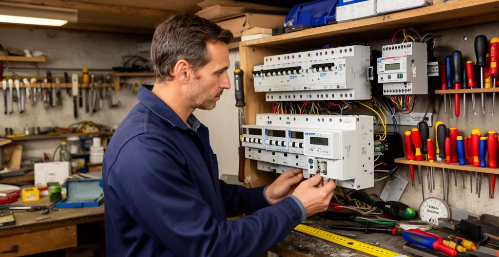 Artisan français consultant son compteur triphasé dans son atelier professionnel