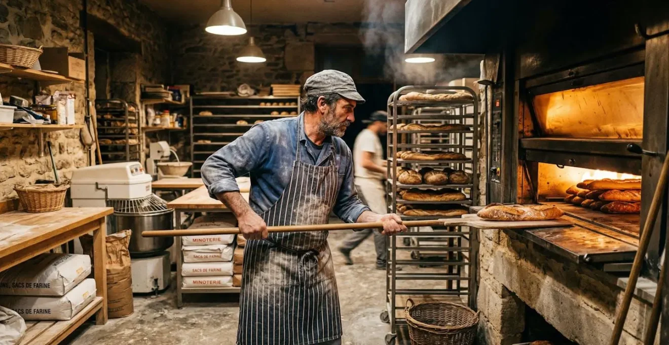 Boulanger français travaillant dans son fournil de nuit avec four professionnel en fonctionnement