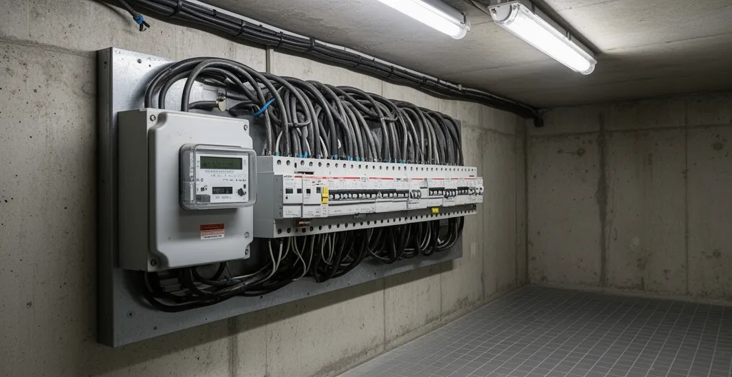 Compteur électrique professionnel installé dans local technique de copropriété