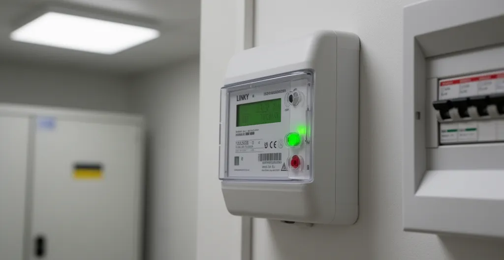 Compteur Linky triphasé installé dans un local commercial français