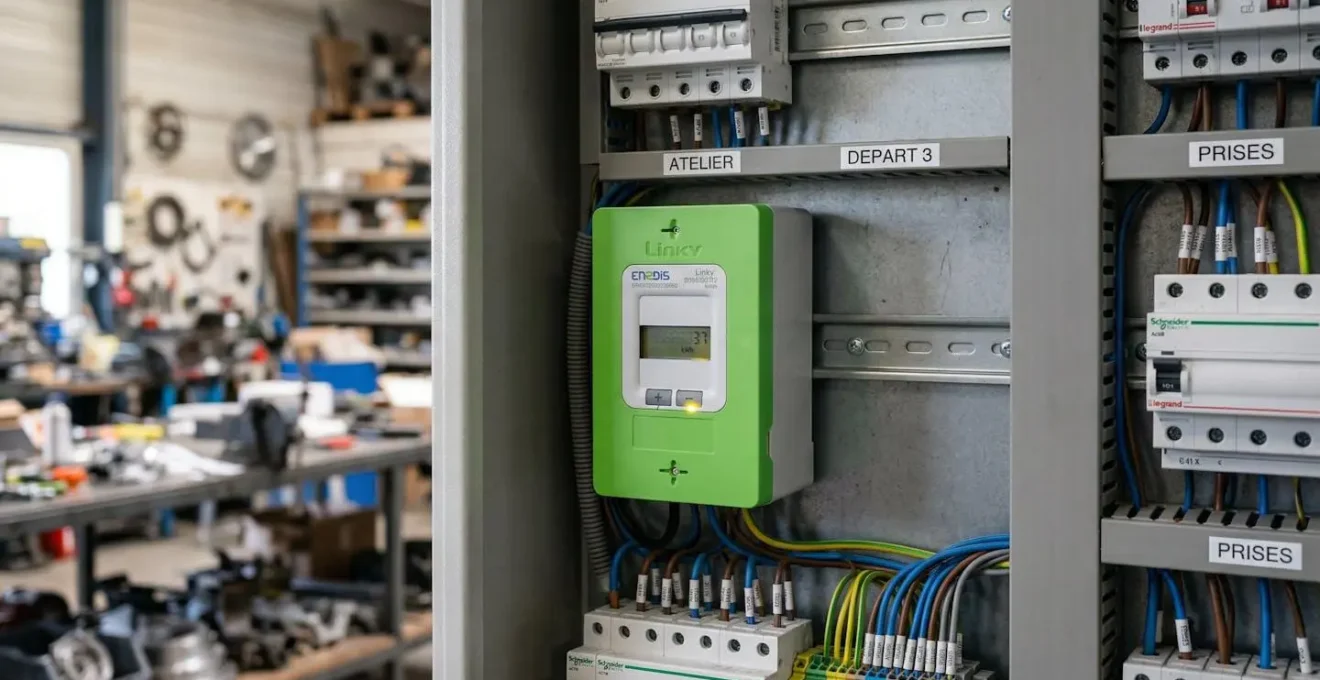 Compteur Linky triphasé installé dans un local professionnel français