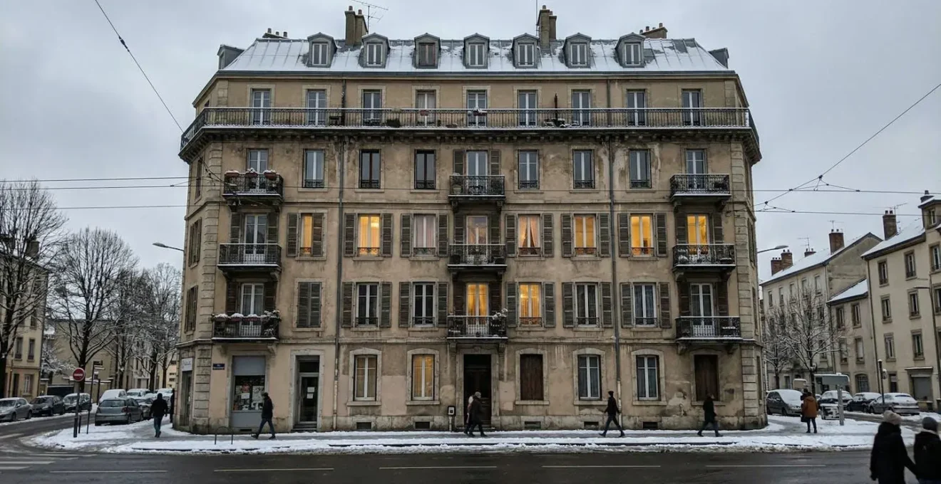 Façade d'un immeuble résidentiel français avec fenêtres éclairées par temps hivernal gris
