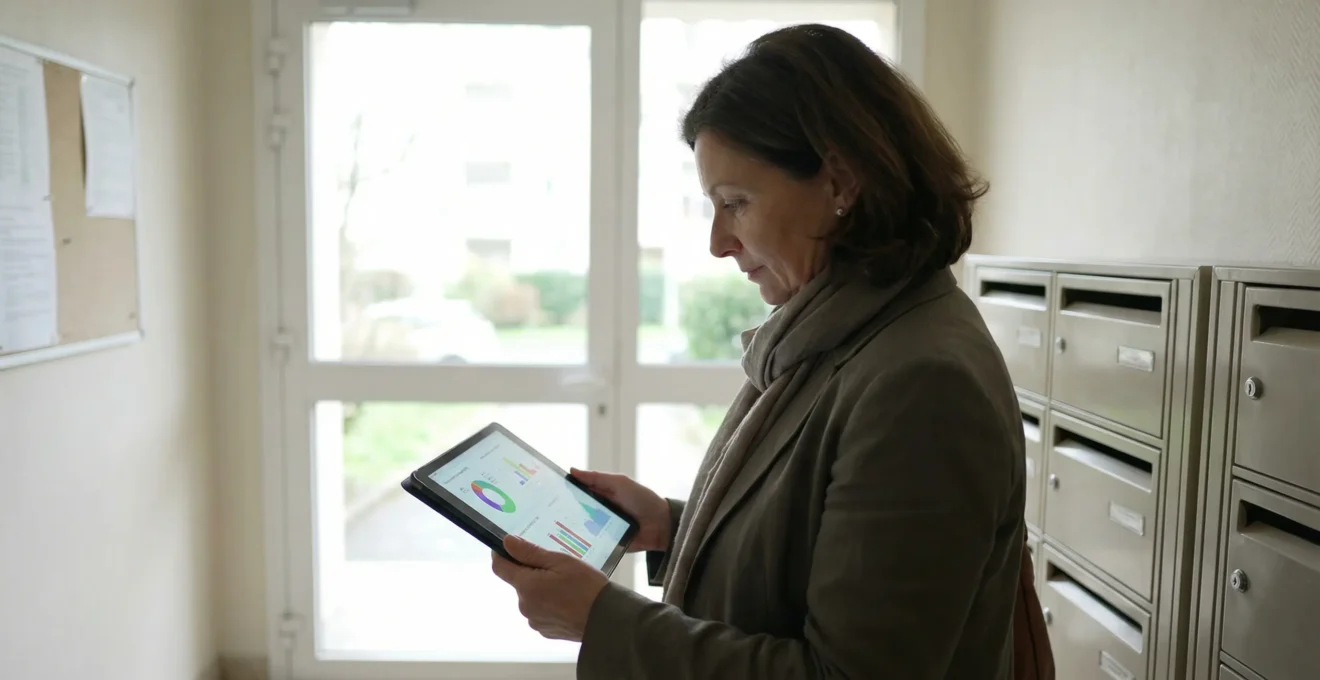 Gestionnaire d'immeuble analysant des données énergétiques sur tablette dans hall de copropriété