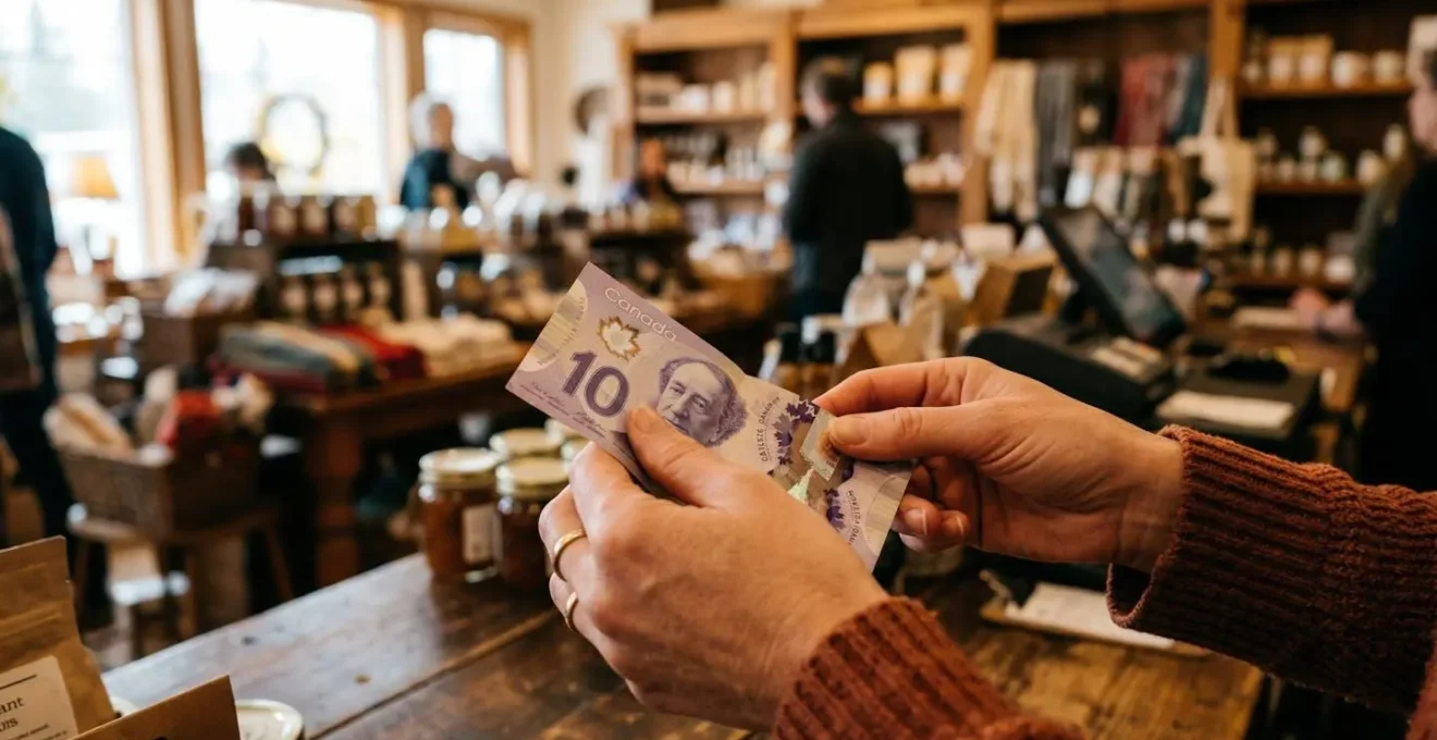 Mains d'un professionnel tenant une facture papier sur un comptoir de commerce baigné de lumière naturelle