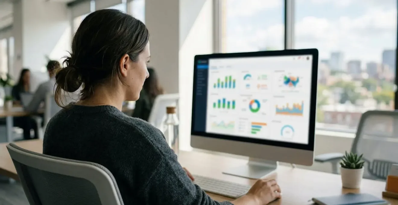 Personne vue de dos consultant un écran d'ordinateur dans un bureau moderne épuré baigné de lumière naturelle