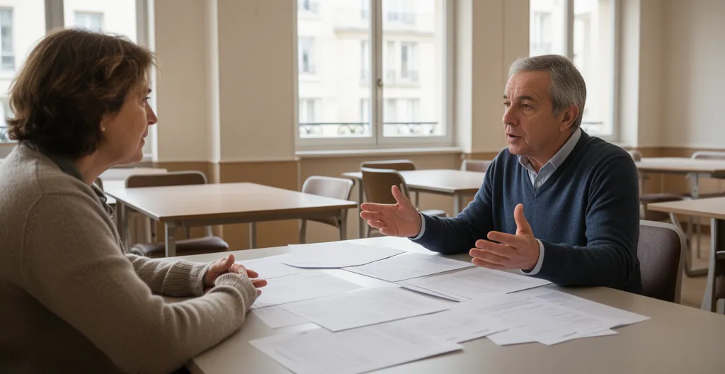 Deux copropriétaires discutant autour d'une table lors d'une réunion dans leur immeuble