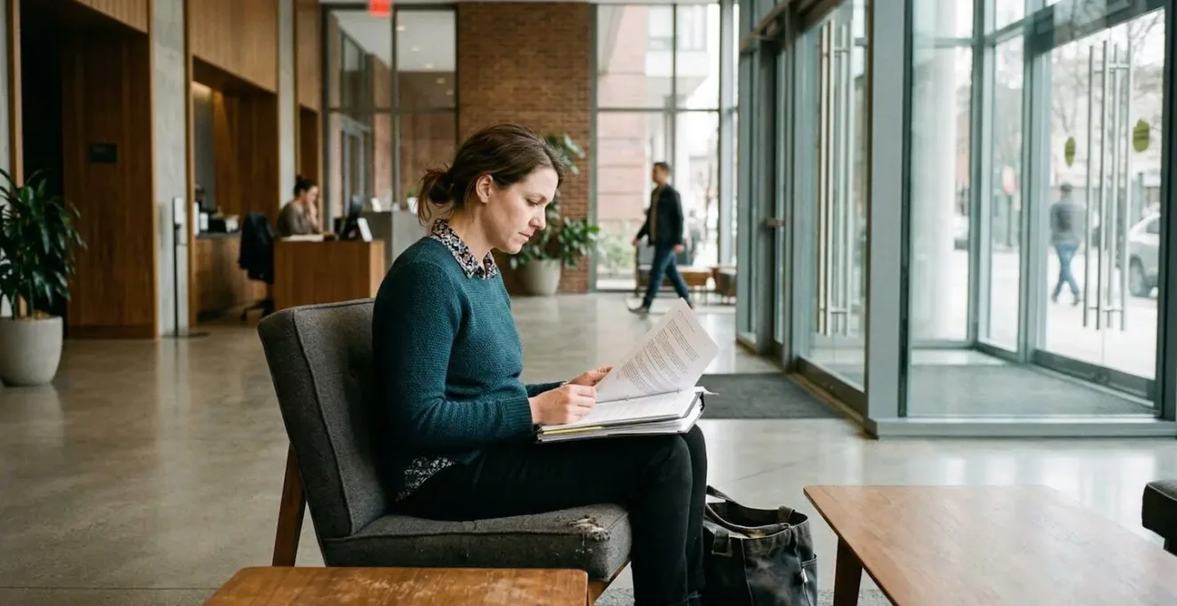 Une femme en tenue professionnelle consulte des documents dans le hall lumineux d'un immeuble résidentiel