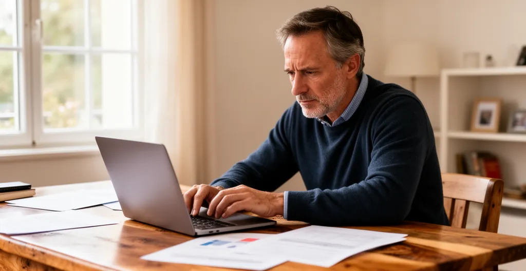 Syndic de copropriété préparant une analyse sur ordinateur dans un bureau lumineux