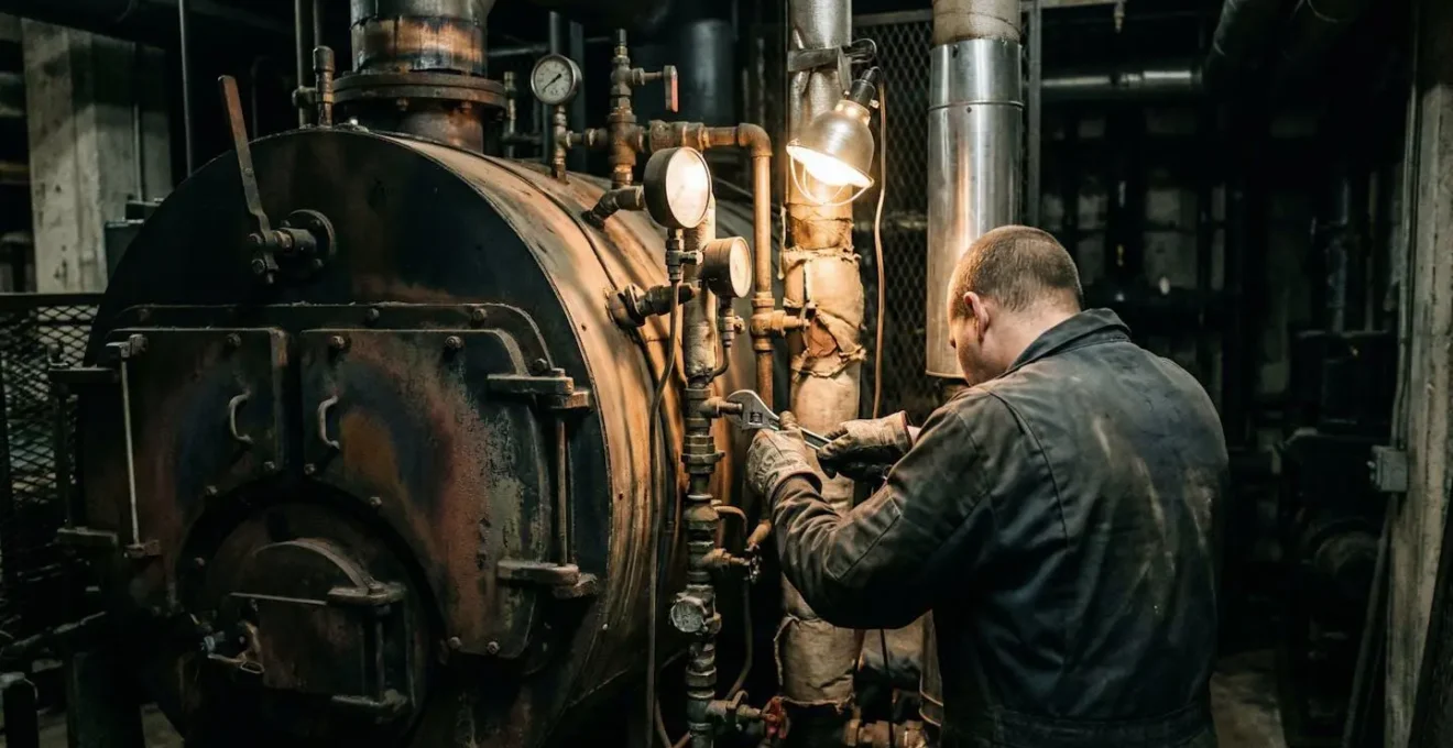 Un technicien en combinaison de travail inspecte une chaudière collective dans un local technique faiblement éclairé