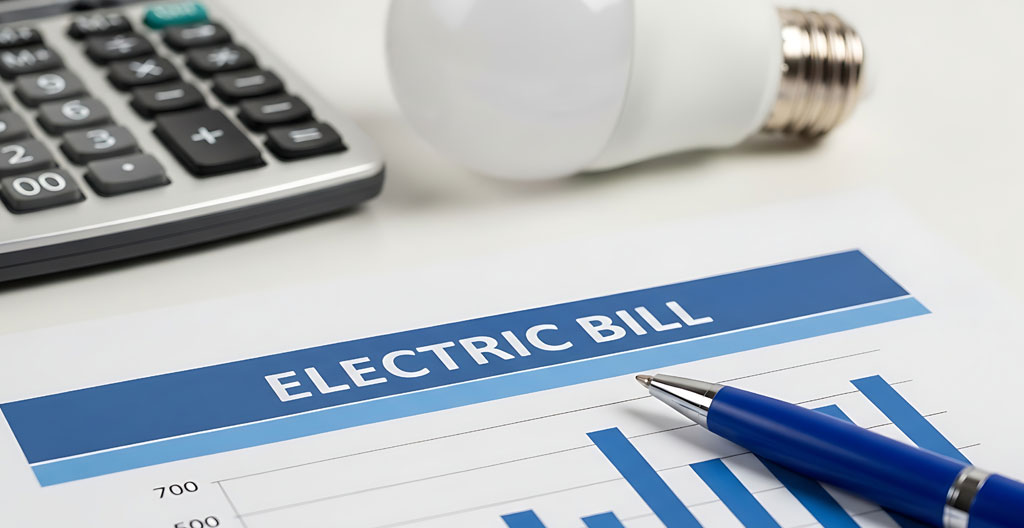 Gros plan sur une facture d'électricité posée sur un bureau avec une calculatrice et un stylo, des mains partiellement visibles pointant vers les lignes