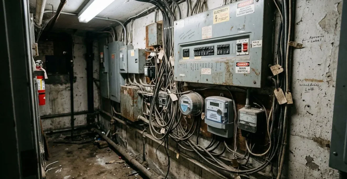 Tableau électrique et compteur dans un local technique d'immeuble, éclairage fluorescent réaliste