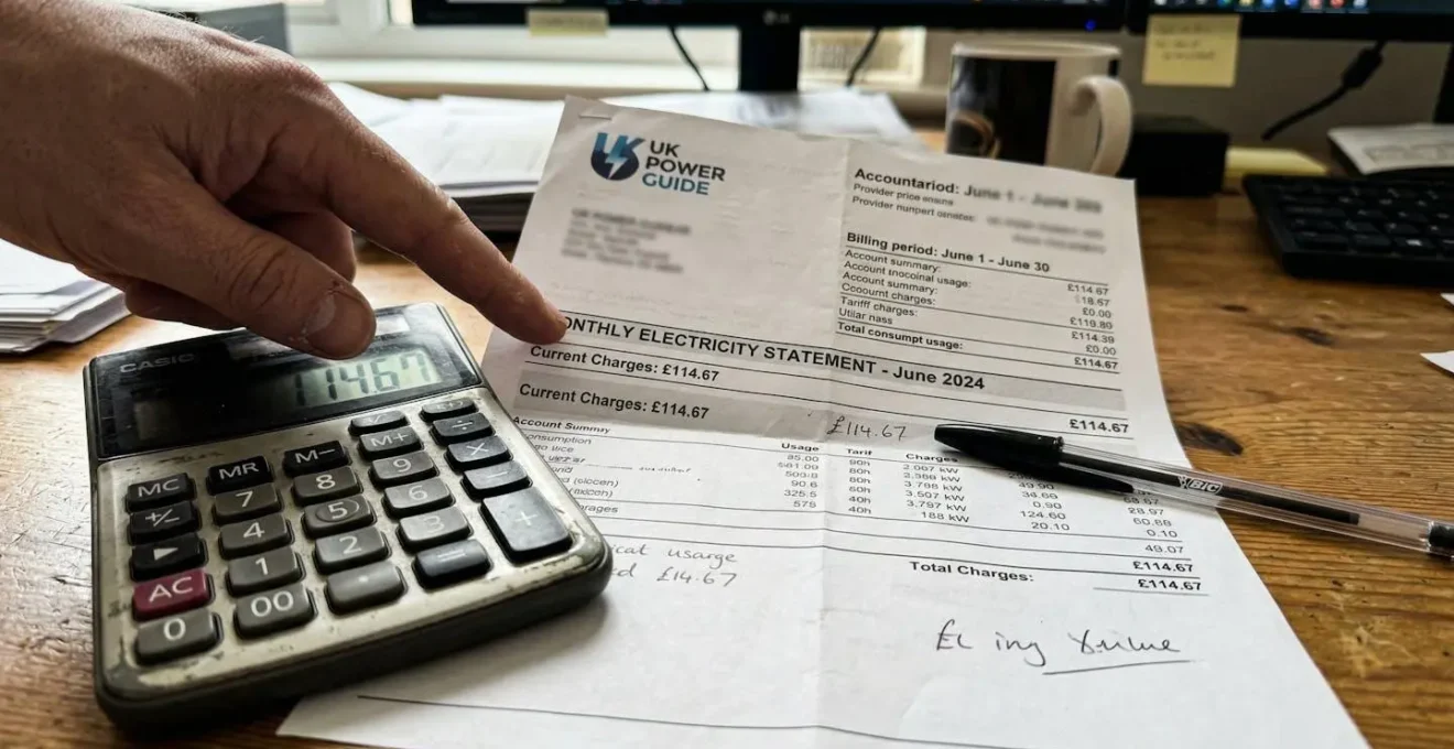 Gros plan sur une facture d'électricité posée sur un bureau avec une calculatrice et un stylo, des mains partiellement visibles pointant vers les lignes