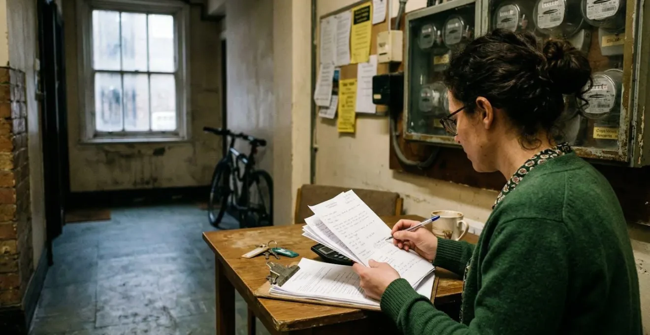 Une gestionnaire de copropriété consulte des documents dans le hall d'un immeuble résidentiel, compteur électrique visible en arrière-plan